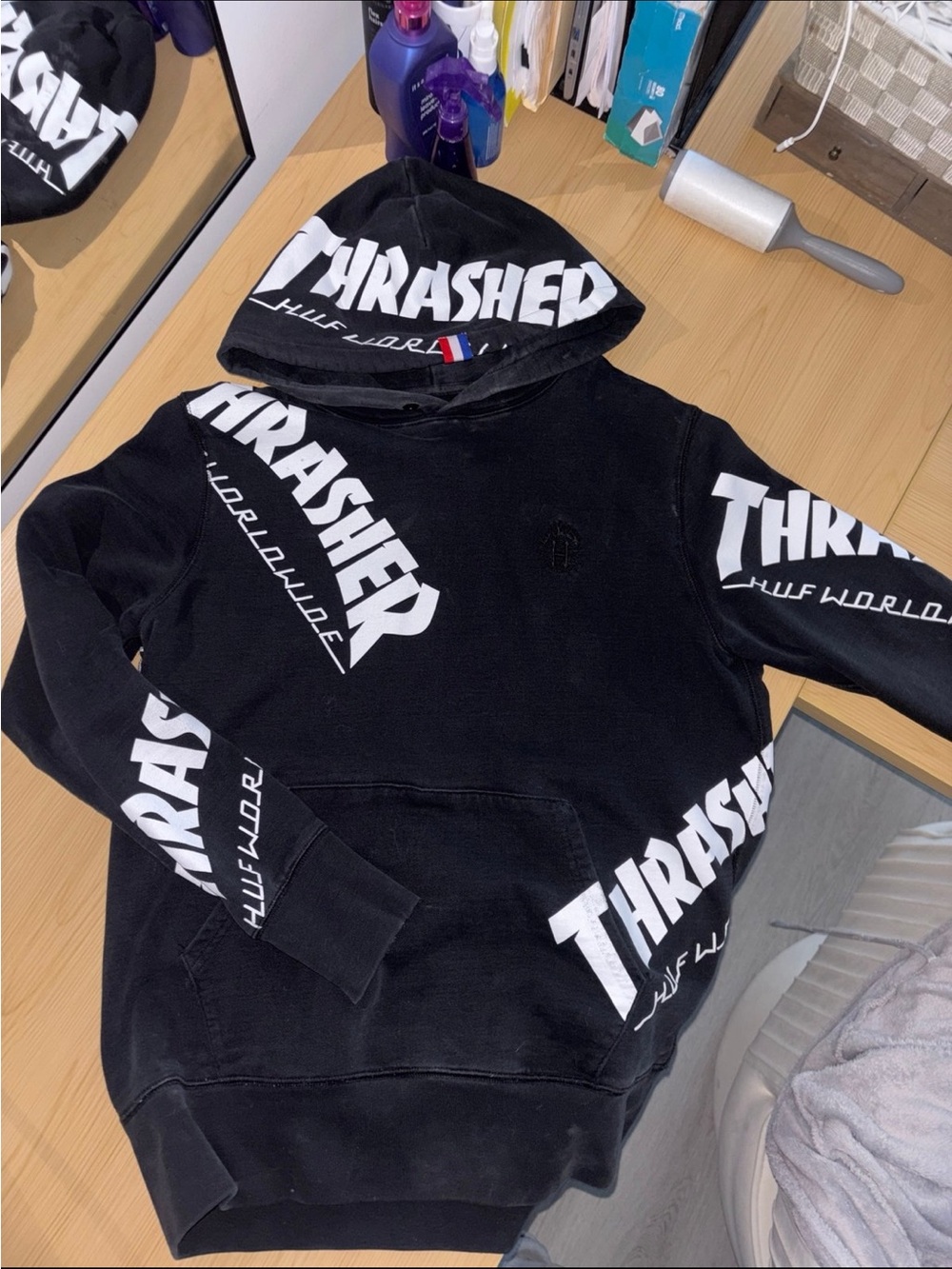 Thrasher Black Hoodie with Bold White Logos